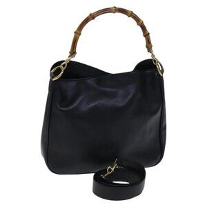 GUCCI Bamboo Hand Bag Leather 2way Black Gold